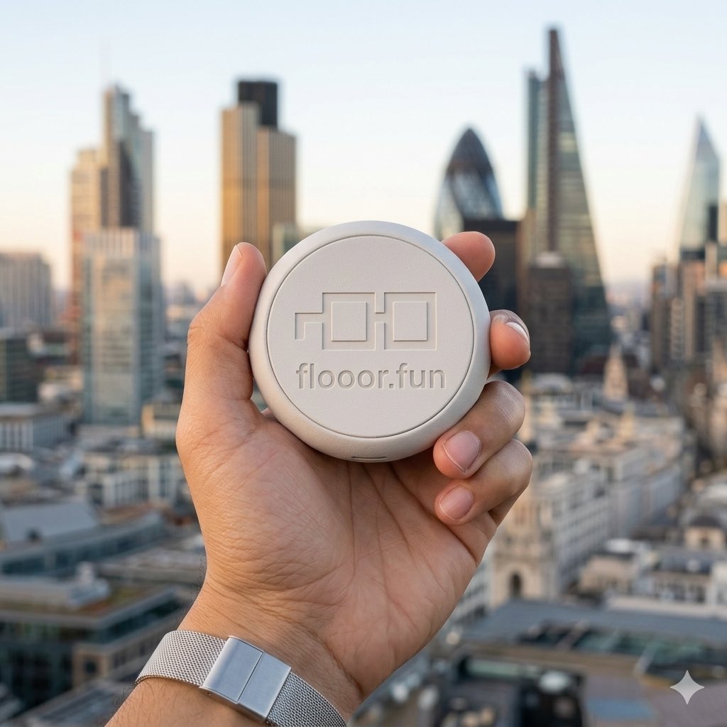 the flooor miner, palm-sized, held against a city skyline